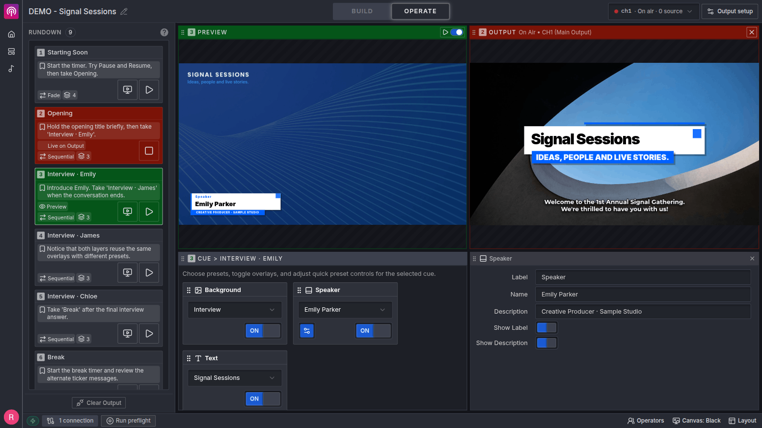 Stream Copilot workspace with a cue rundown, Preview, Output, and live overlay controls
